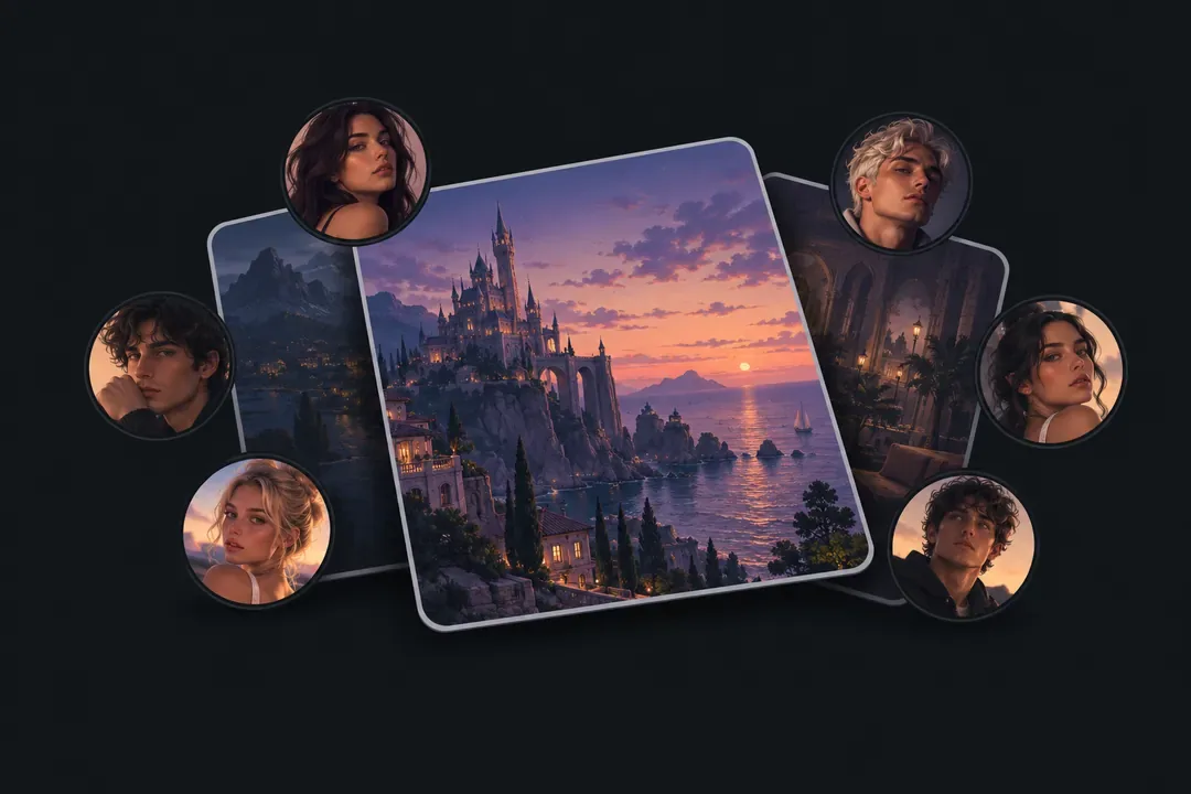 A world cover surrounded by character portraits