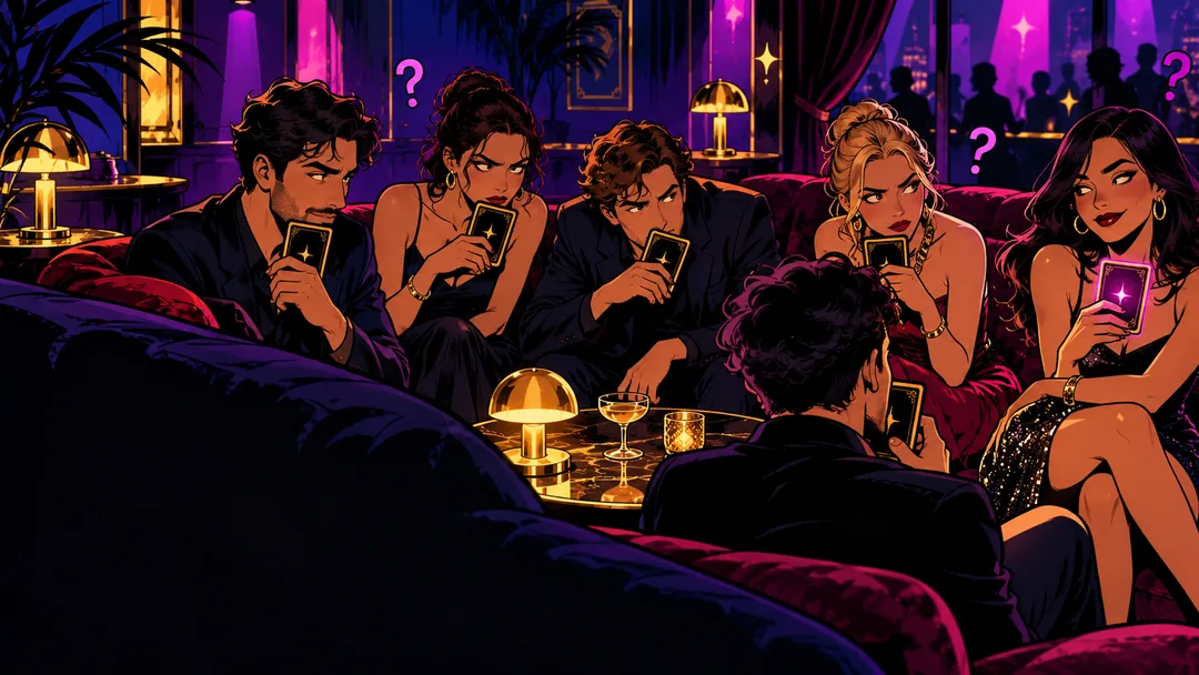 Friends on velvet sofas in a dark lounge, each hiding a card