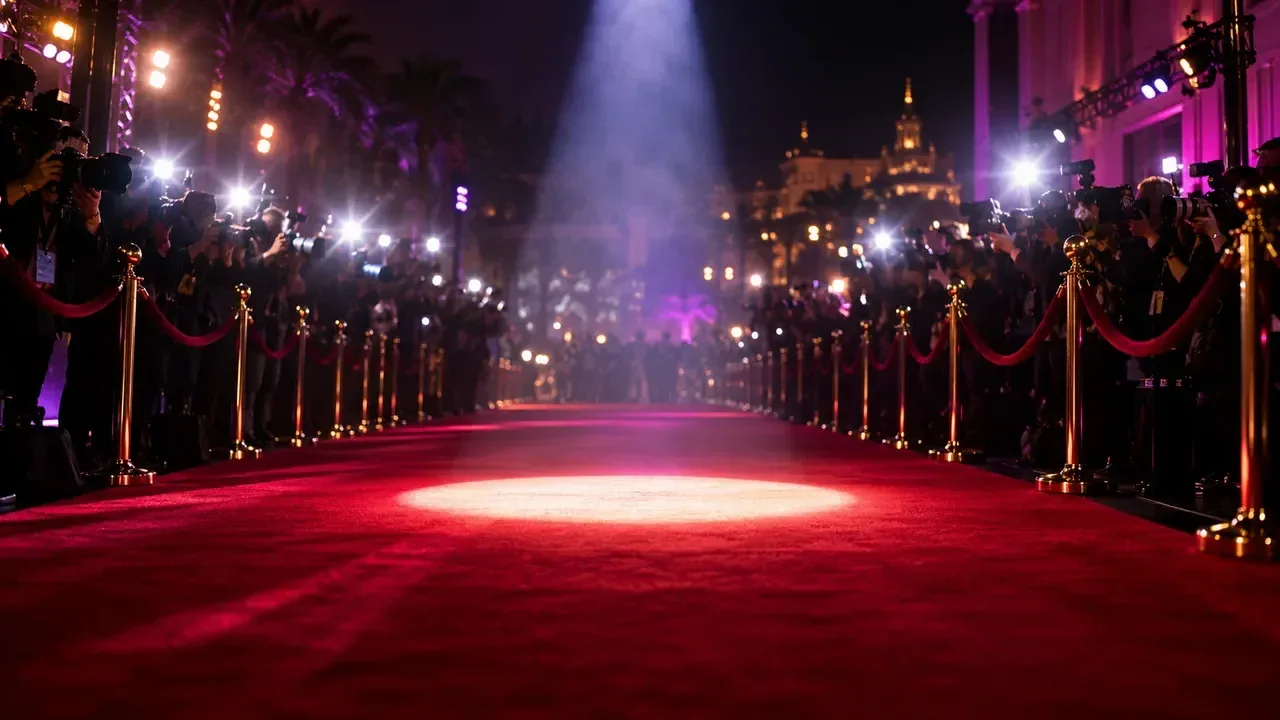 Un tapis rouge bordé de photographes sous un projecteur
