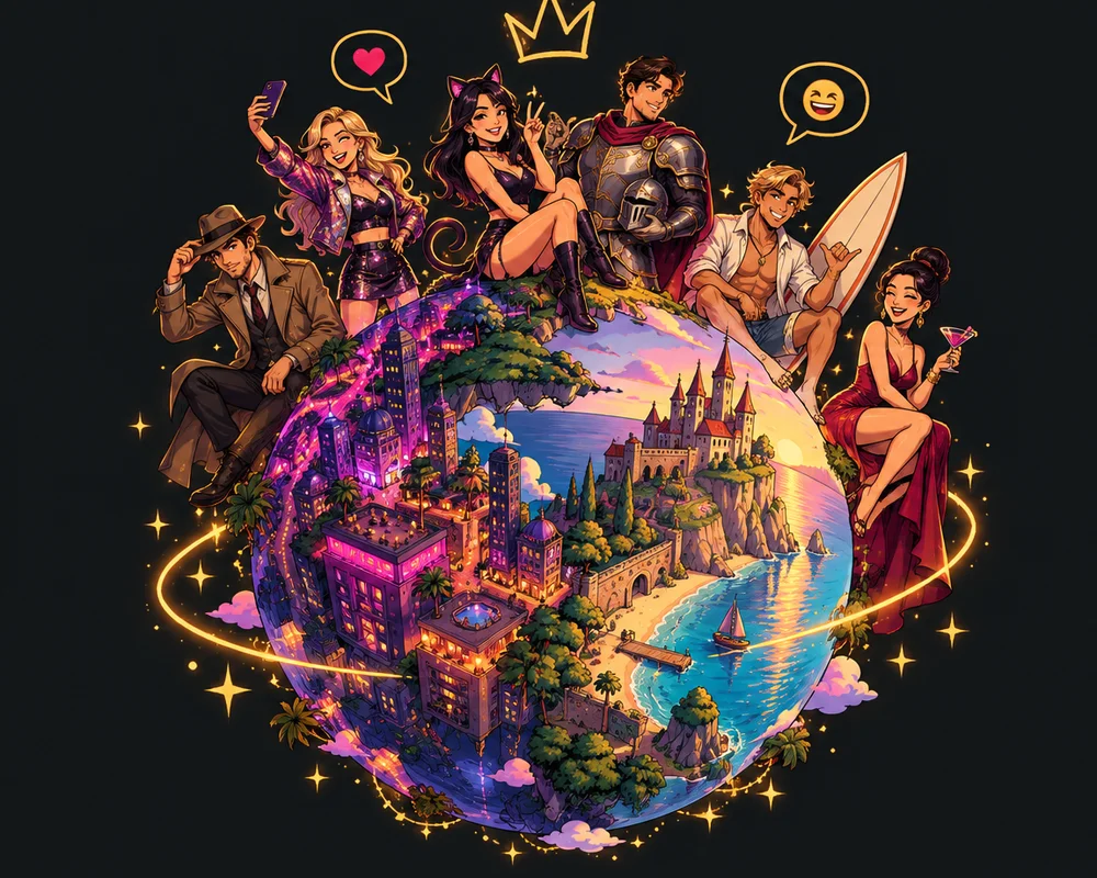 A planet with a neon city and a seaside castle, with characters sitting around it